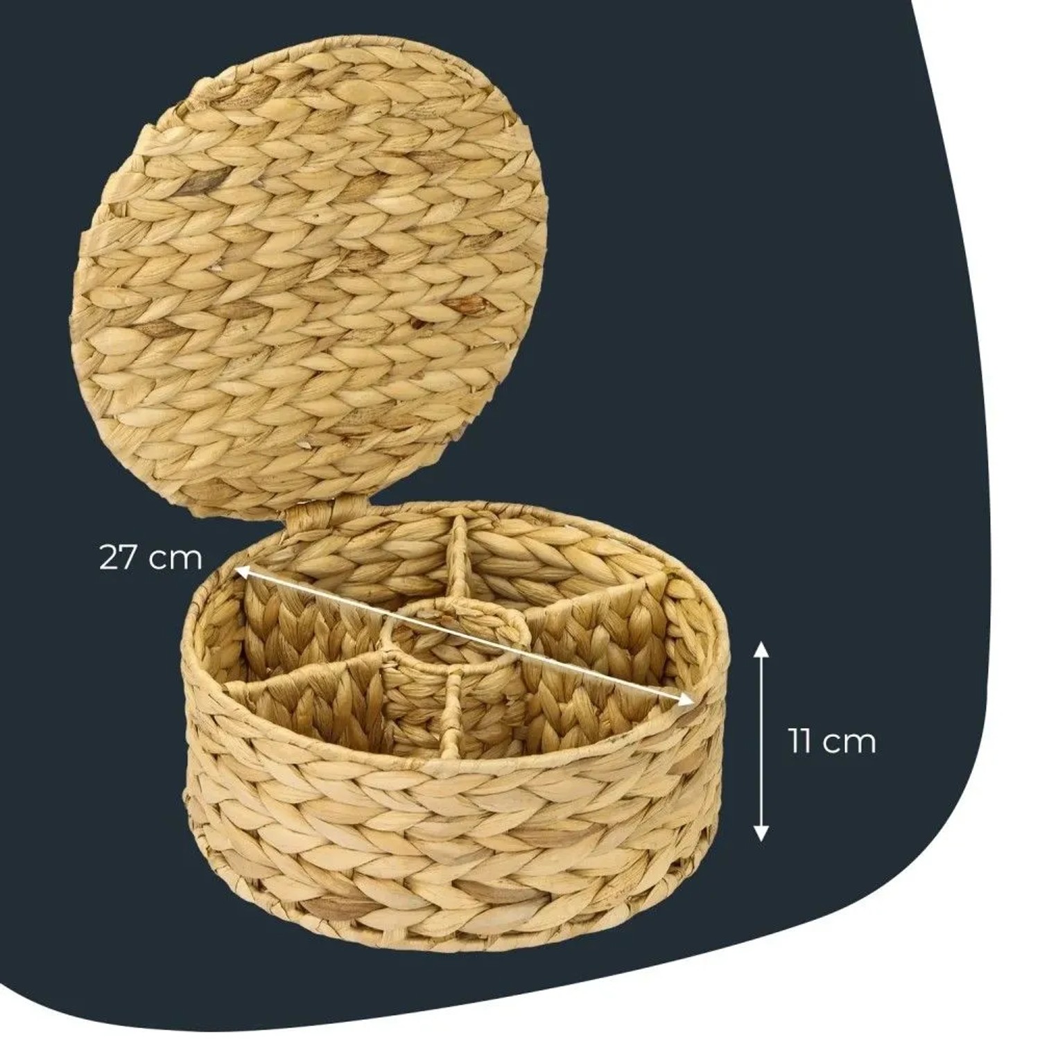 Runde geflochtene Teebox aus Wasserhyazinthe mit 7 Fächern, offenem Deckel. Maße: 27x27x11 cm. Ideal zur Aufbewahrung.