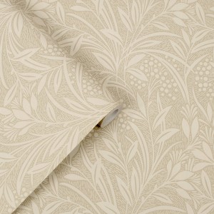 Laura Ashley Vliestapete Barley Natural mit floralem Muster in Beige und Weiß.