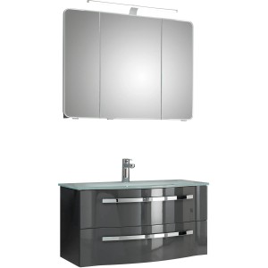 Pelipal Badmöbel-Set Serie 4005, 92 cm, Steingrau Hochglanz mit Spiegelschrank und Glaswaschbecken.