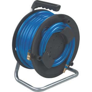 Metabo Schlauchaufroller SA 100 mit 20m blauem Druckschlauch und Gewebeeinlage.