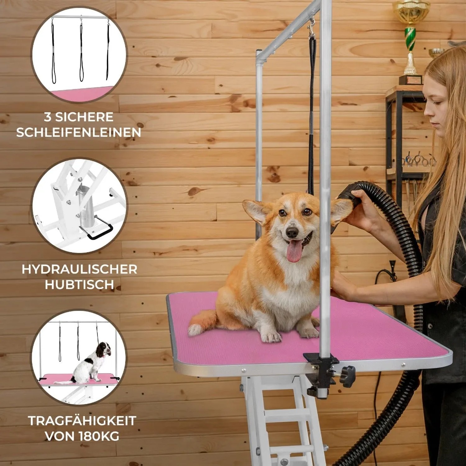 Monstershop Pflegetisch mit Hund, rosa Tischplatte, weißes Gestell. Hydraulisch höhenverstellbar.