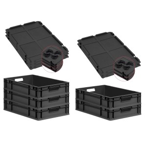 PROREGAL Sparset: 5 Euroboxen Nextgen mit Deckel und Verschlüssen, 12x40x60cm, 23 Liter, schwarz.