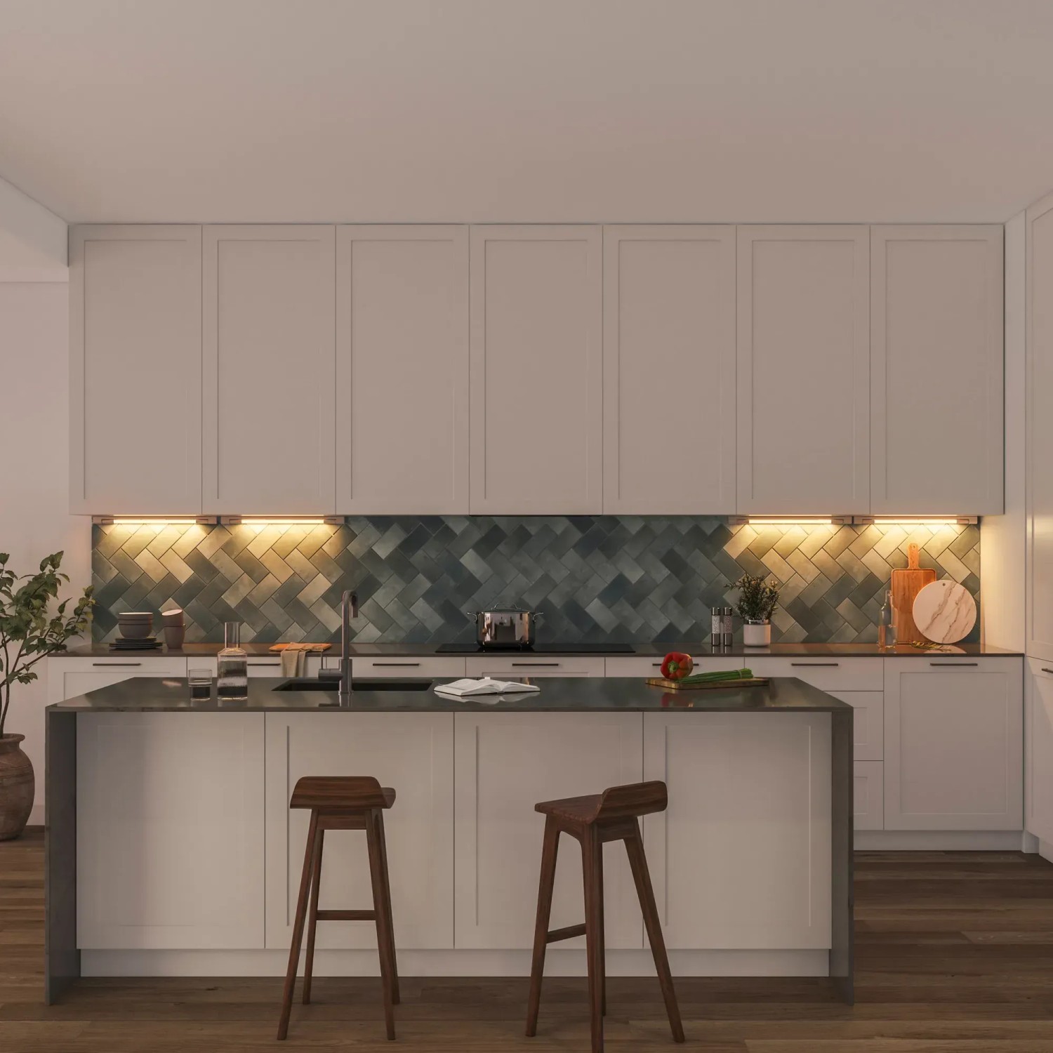 Beleuchtete Küche mit Philips LED-Röhre T5 G5, die unter den Hängeschränken angebracht ist.