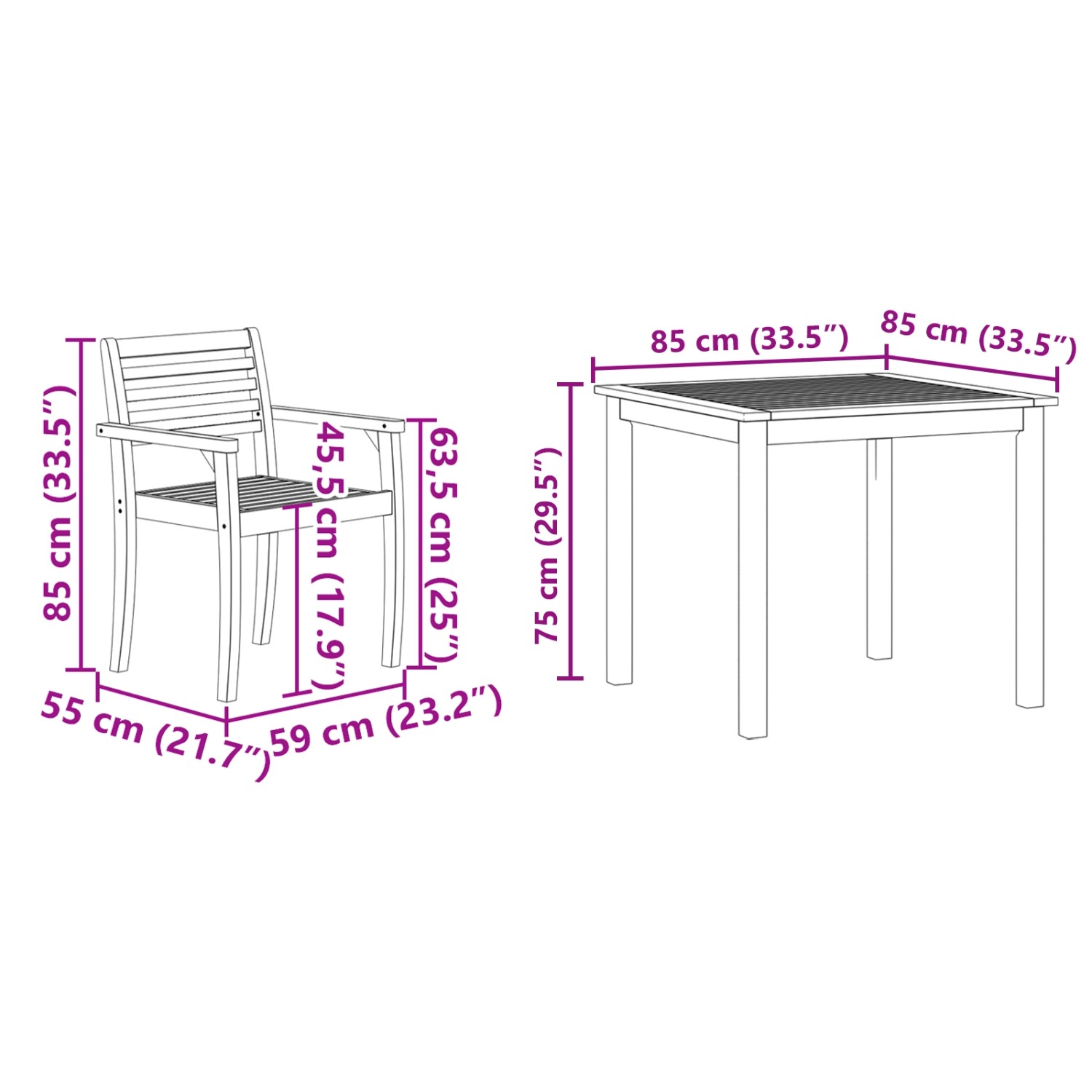 vidaXL 5-tlg. Garten-Essgruppe aus Akazienholz mit Maßen.
