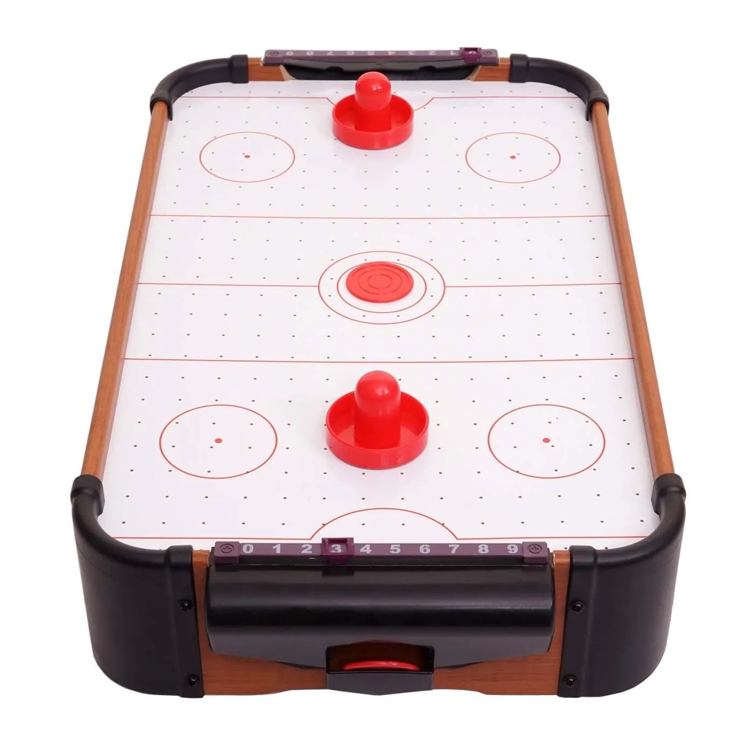 Mini Air Hockey Tisch aus Holz mit weißer Spielfläche, roten Handgriffen und Puck, ideal für Kinder.