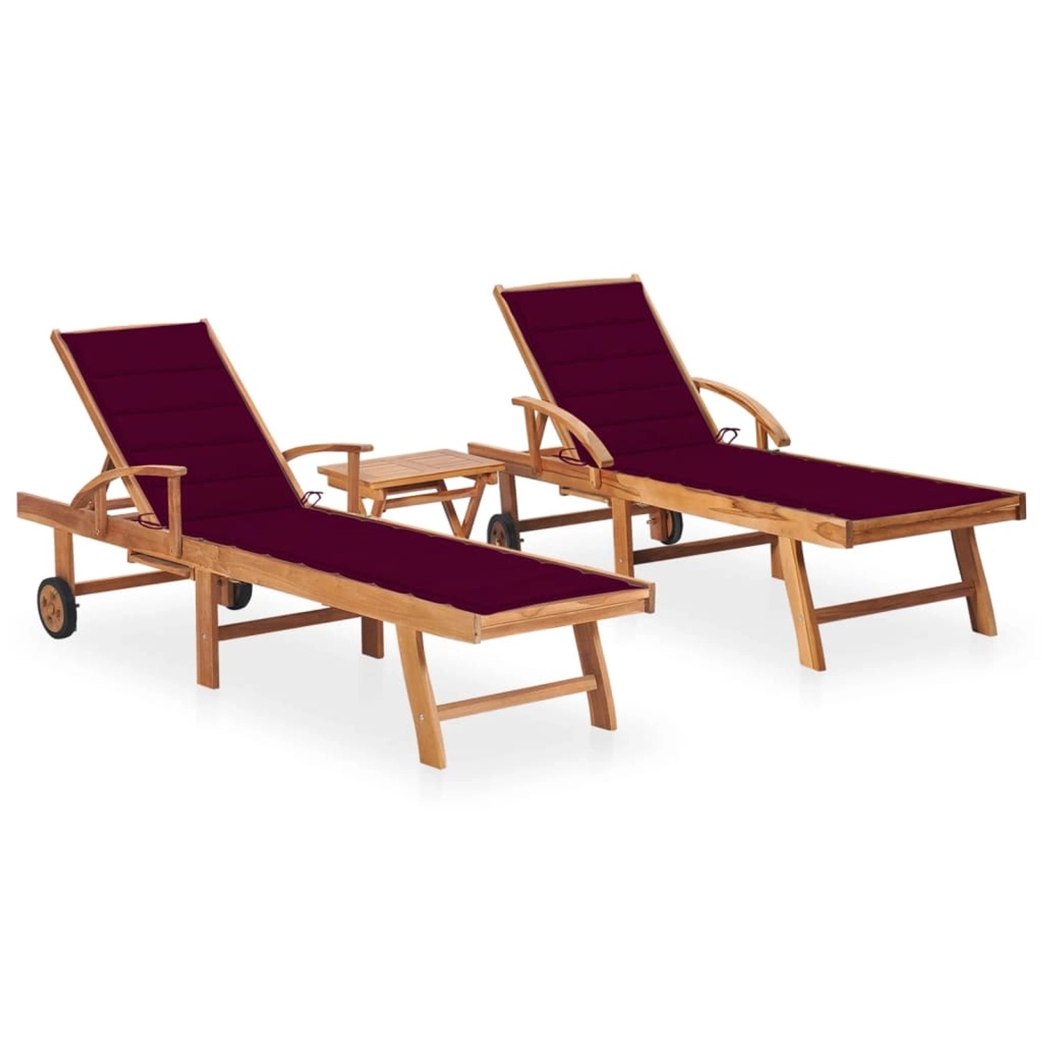 Thumbnail - vidaXL Sonnenliegen 2 Stk. mit Tisch und Auflagen Massivholz Teak Kissenfarbe Weinrot