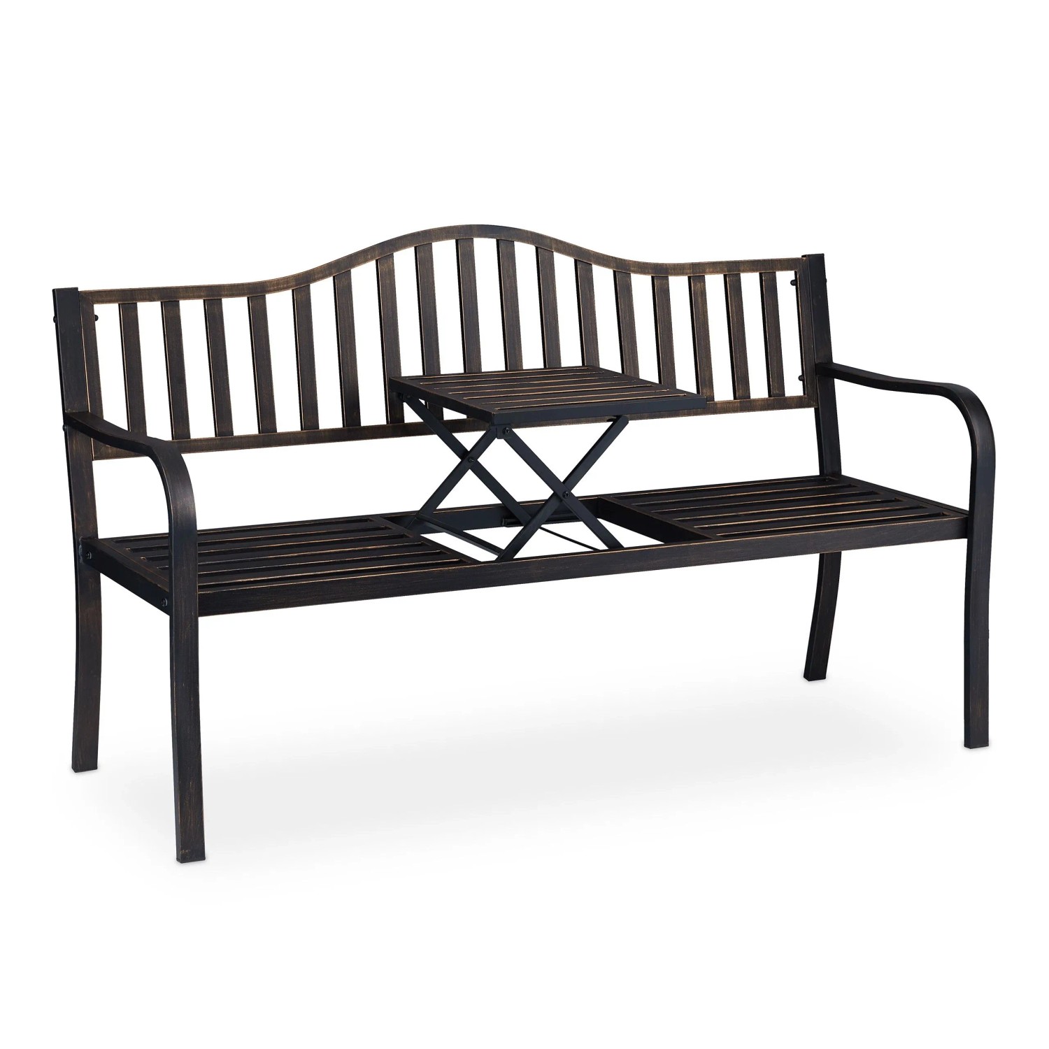 Relaxdays Gartenbank Stahl Schwarz-Bronze mit Klapptisch 89 cm x 150 cm x 58,5 cm 17 kg