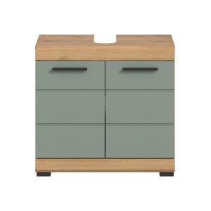 Waschbeckenunterschrank in Salbei mit Eiche-Optik, 60 cm breit, mit zwei Türen für Badezimmer.