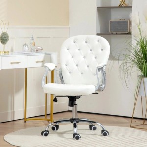 Weißer ergonomischer Bürostuhl für Home Office, Kunstleder, getuftete Rückenlehne mit Zierknöpfen, verchromtes Fußkreuz, Rollen.