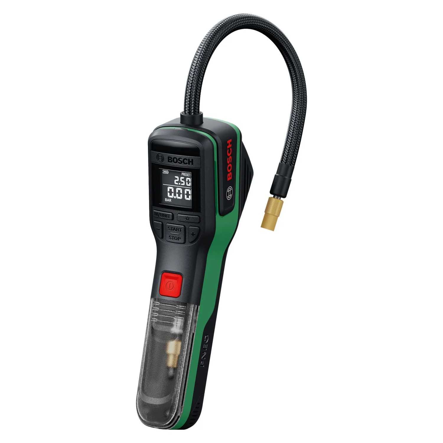 Bosch Akku-Druckluftpumpe Pneo: Kompakte Akkupumpe mit digitalem Display und Zubehör.