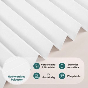 Weißes Verdunkelungsplissee aus Glattgewebe, Klemmfix ohne Bohren, stufenlos verstellbar, UV-beständig.