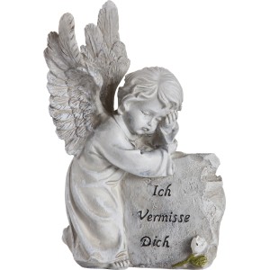 Grauer Engel „Ich vermisse Dich“ aus Polystone als Grabdekoration für den Außenbereich.