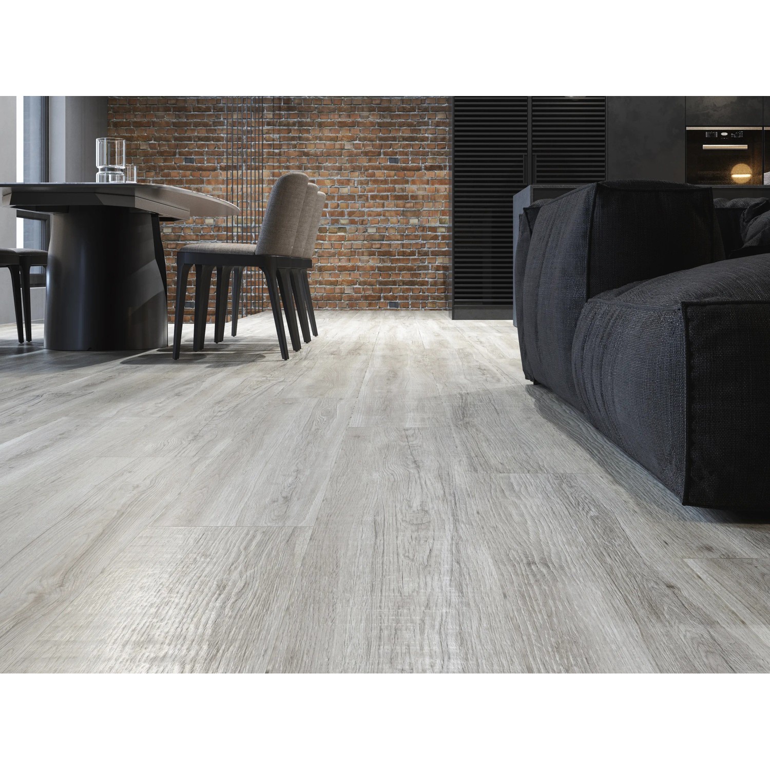 Graue, strukturierte Feinsteinzeug Bodenfliese Oak grande im Format 12x1,1 cm im Wohnraum.
