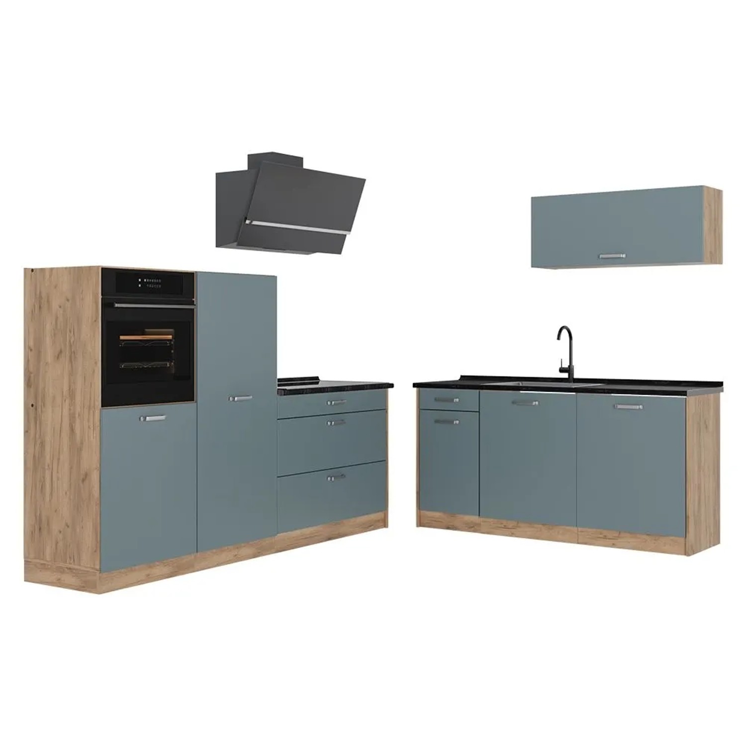 Vicco Küchenzeile R-Line Blau-Grau/Goldkraft Eiche 220 x 143 ohne Arbeitsplatte Art Nr 67096