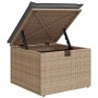Beige Poly Rattan Gartenmöbel: Hocker mit Stauraum und grauem Kissen, Deckel geöffnet.