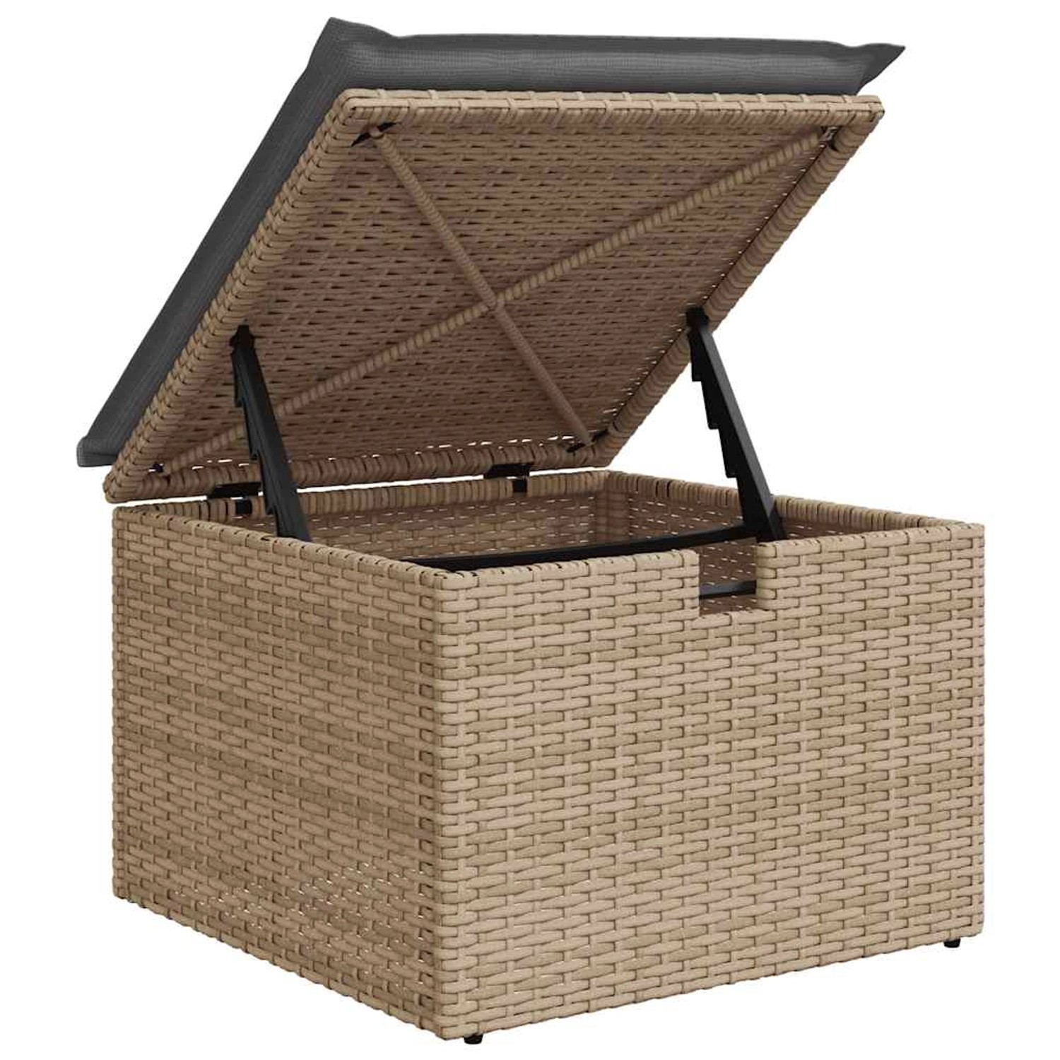 Beige Poly Rattan Gartenmöbel: Hocker mit Stauraum und grauem Kissen, Deckel geöffnet.