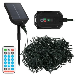 Solar Lichterkette mit 560 LEDs, Solarpanel, Fernbedienung und USB-Kabel für Weihnachtsbeleuchtung.
