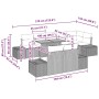 Beiges 9-teiliges Garten-Sofa-Set mit Tisch und Stauraum aus Polyrattan, Maße eingezeichnet.