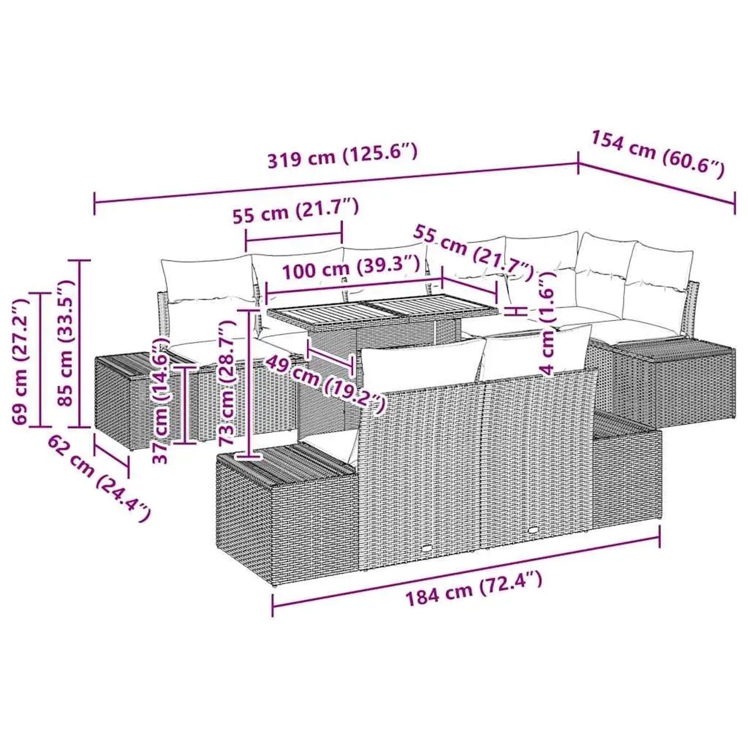 Beiges 9-teiliges Garten-Sofa-Set mit Tisch und Stauraum aus Polyrattan, Maße eingezeichnet.