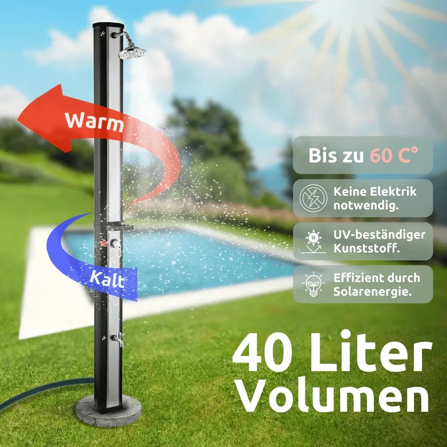 DELUKE Solardusche 40L im Garten mit Pool, Warm-Kalt-Regler, solare Wassererwärmung.