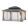 Sunjoy Gazebo Trivor aus Zedernholz, 390x450 cm, anthrazitfarbenes Dach, mit Moskitonetz und Vorhängen.