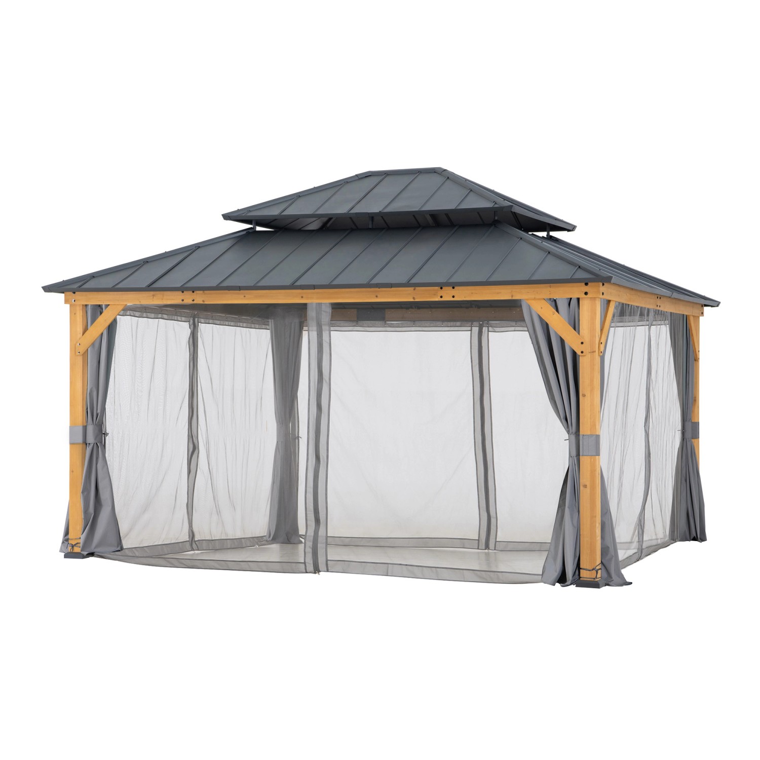 Sunjoy Gazebo Trivor aus Zedernholz, 390x450 cm, anthrazitfarbenes Dach, mit Moskitonetz und Vorhängen.