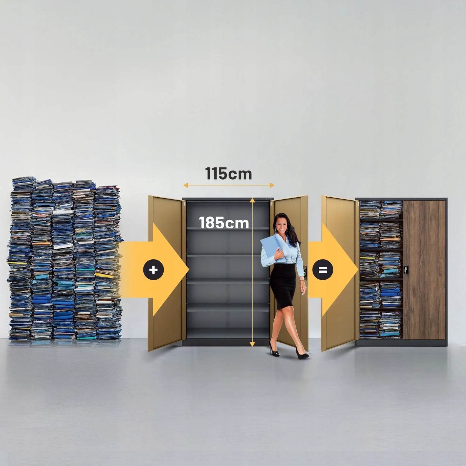 Jan Nowak Büro Aktenschrank 115x185cm Anthrazit Braun. Dokumente werden in abschließbarem Metallschrank organisiert.