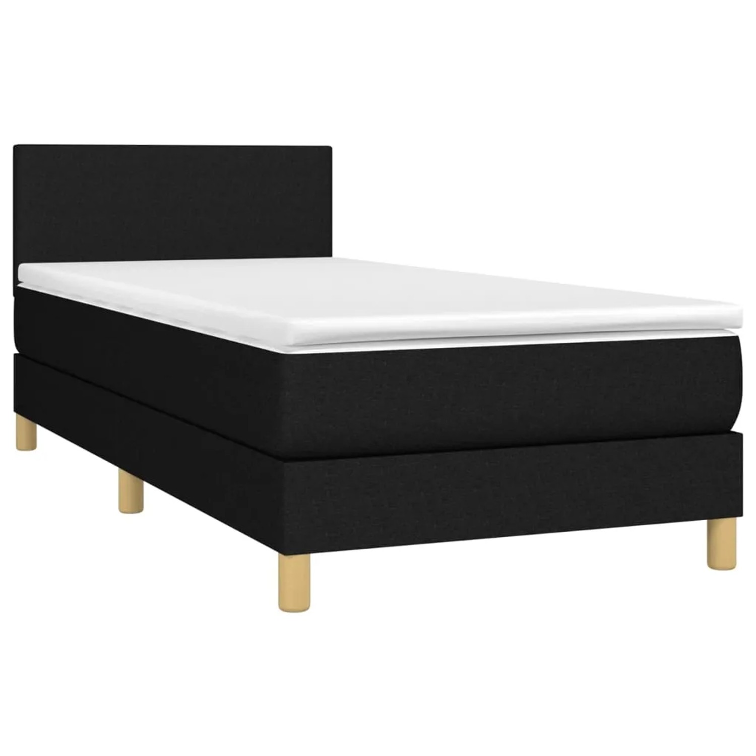 Schwarzes Boxspringbett (90x190 cm) mit Matratze und Kopfteil.