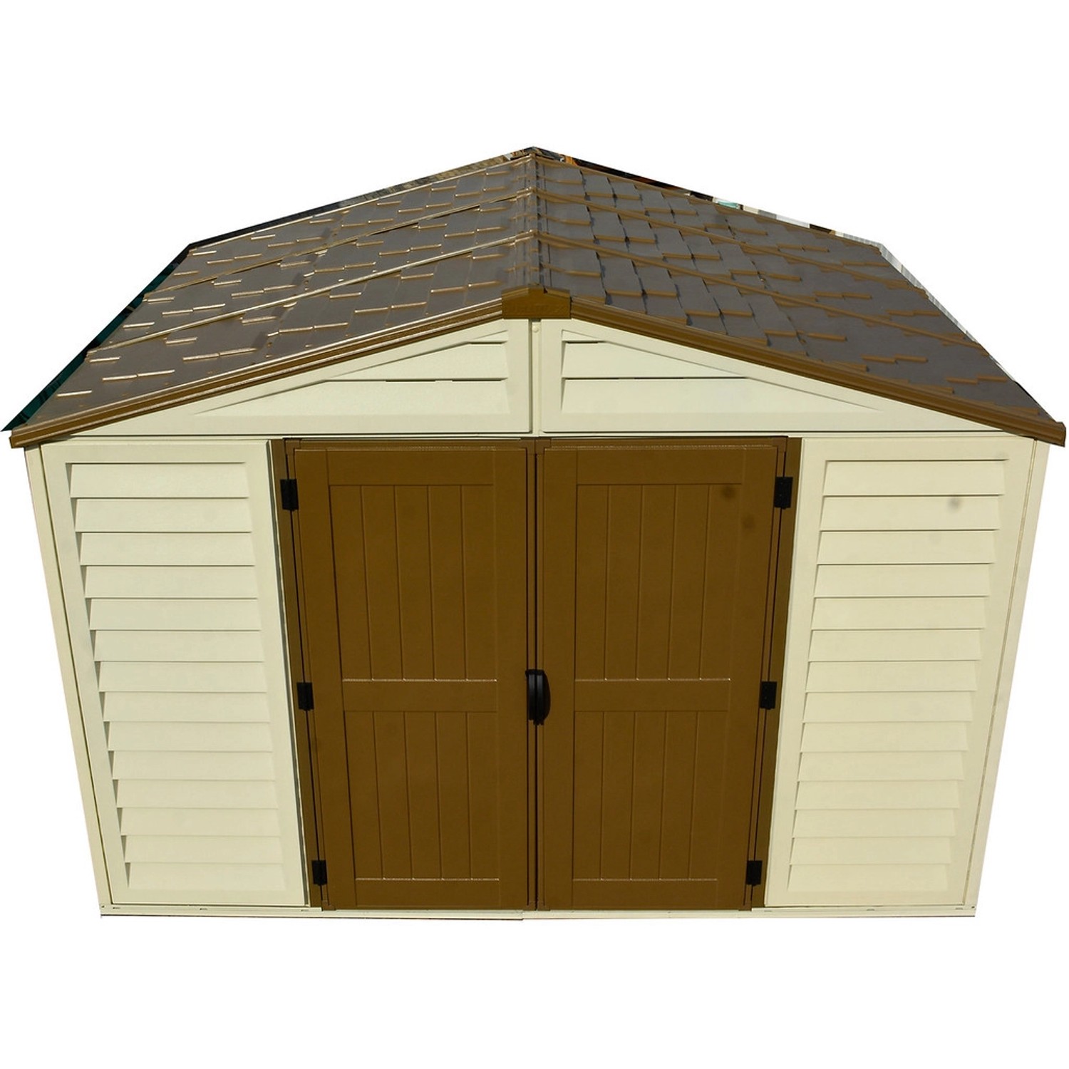 Duramax Kunststoff-Gartenhaus WoodBridge Plus, 7,6 m², mit Doppeltür und Satteldach.