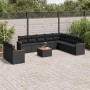 Schwarze 11-tlg. vidaXL Garten-Sofagarnitur aus Poly Rattan mit Kissen und Tisch.