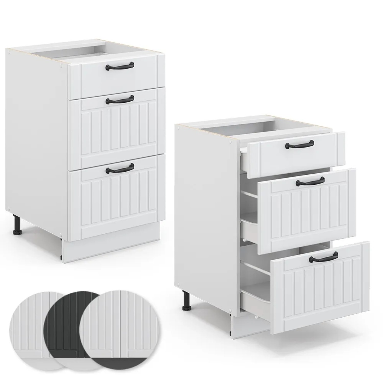 Vicco Küchenunterschrank Fame-Line, weiß im Landhausstil, 50 cm breit, mit Schubladen.