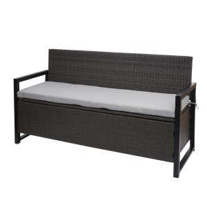 Graue MCW Poly-Rattan Gartenbank mit Staufach und grauen Kissen.