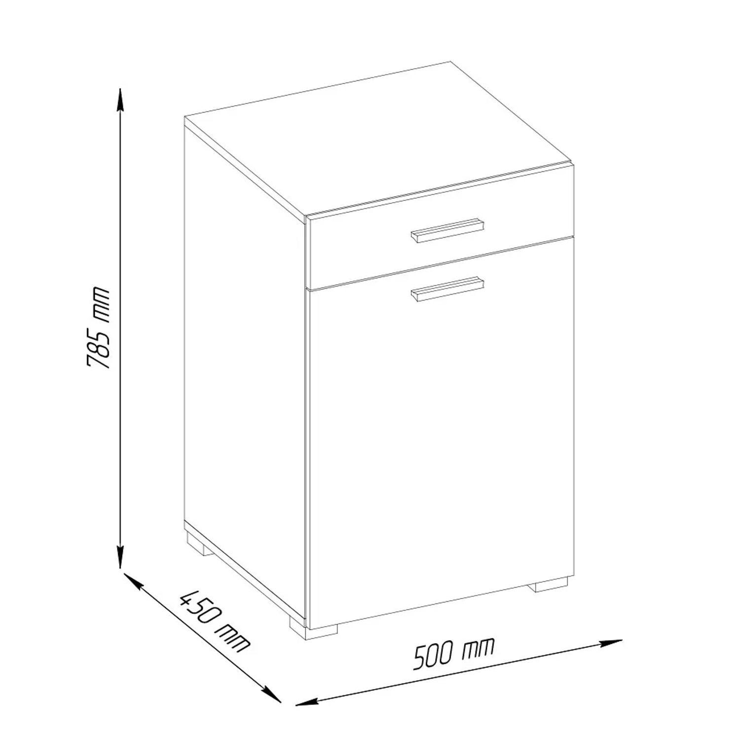 Skizze Badschrank Matteo in Sonoma/Weiß, 50x79 cm, mit Schublade und Tür. Badregal für mehr Stauraum.