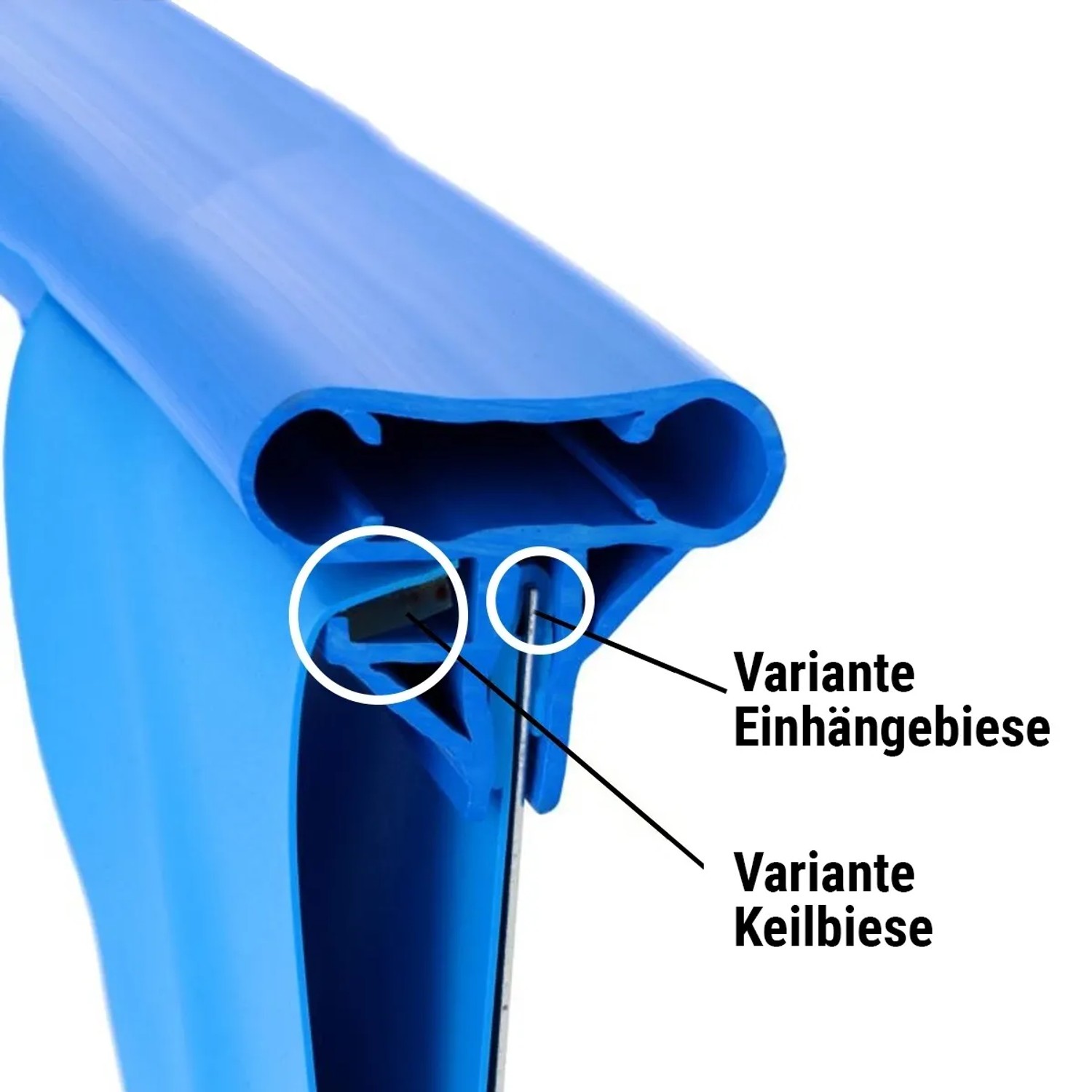 Detailaufnahme: Blaue Poolfolie mit Keilbiese und Einhängebiese für Rundbecken.