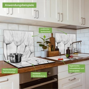 Banjado Herdabdeckplatte Glas Pusteblumen als Schneidebrett und Spritzschutz in Küche.