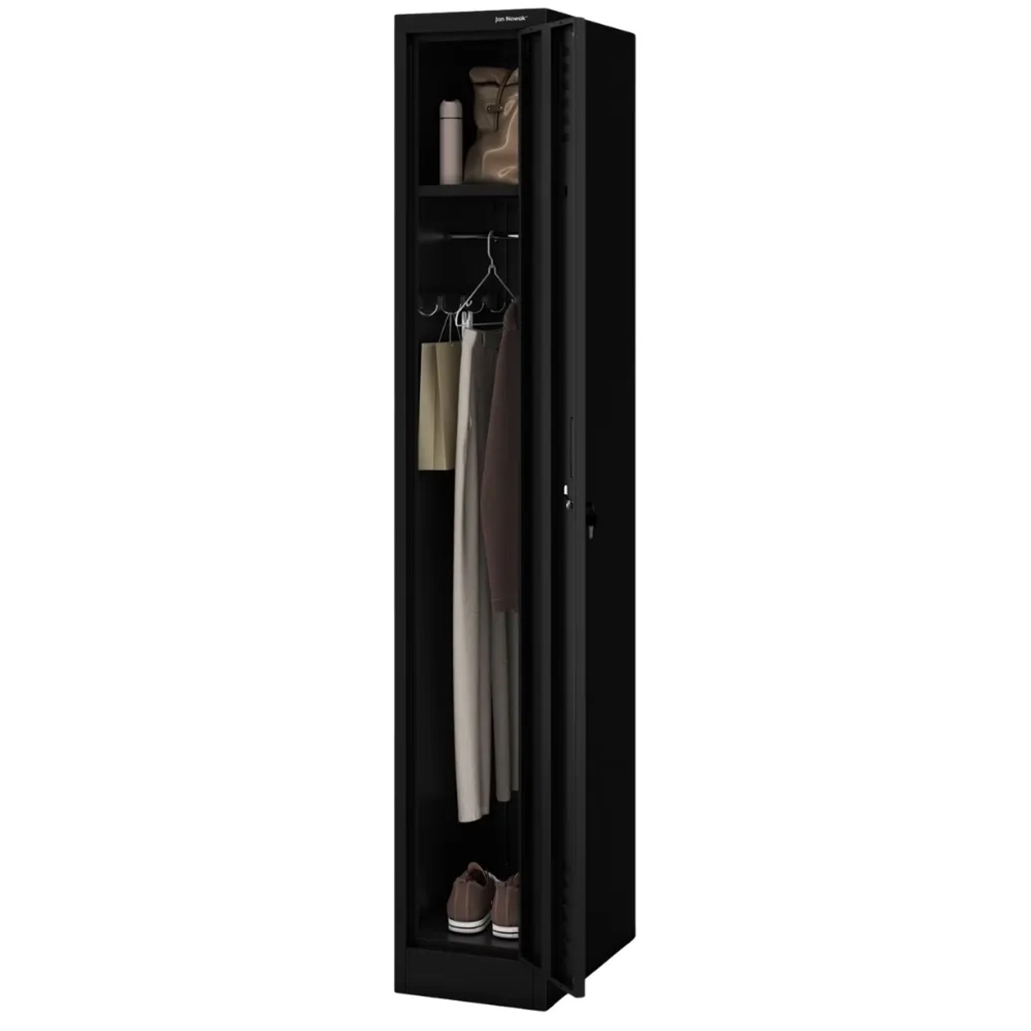 JAN NOWAK Umkleideschrank Spind KACPER 1 Abteil Etikettenhalter Lüftungsschlitze Umkleidespind Metall Schließfachschrank 180x30x50cm Schwarz