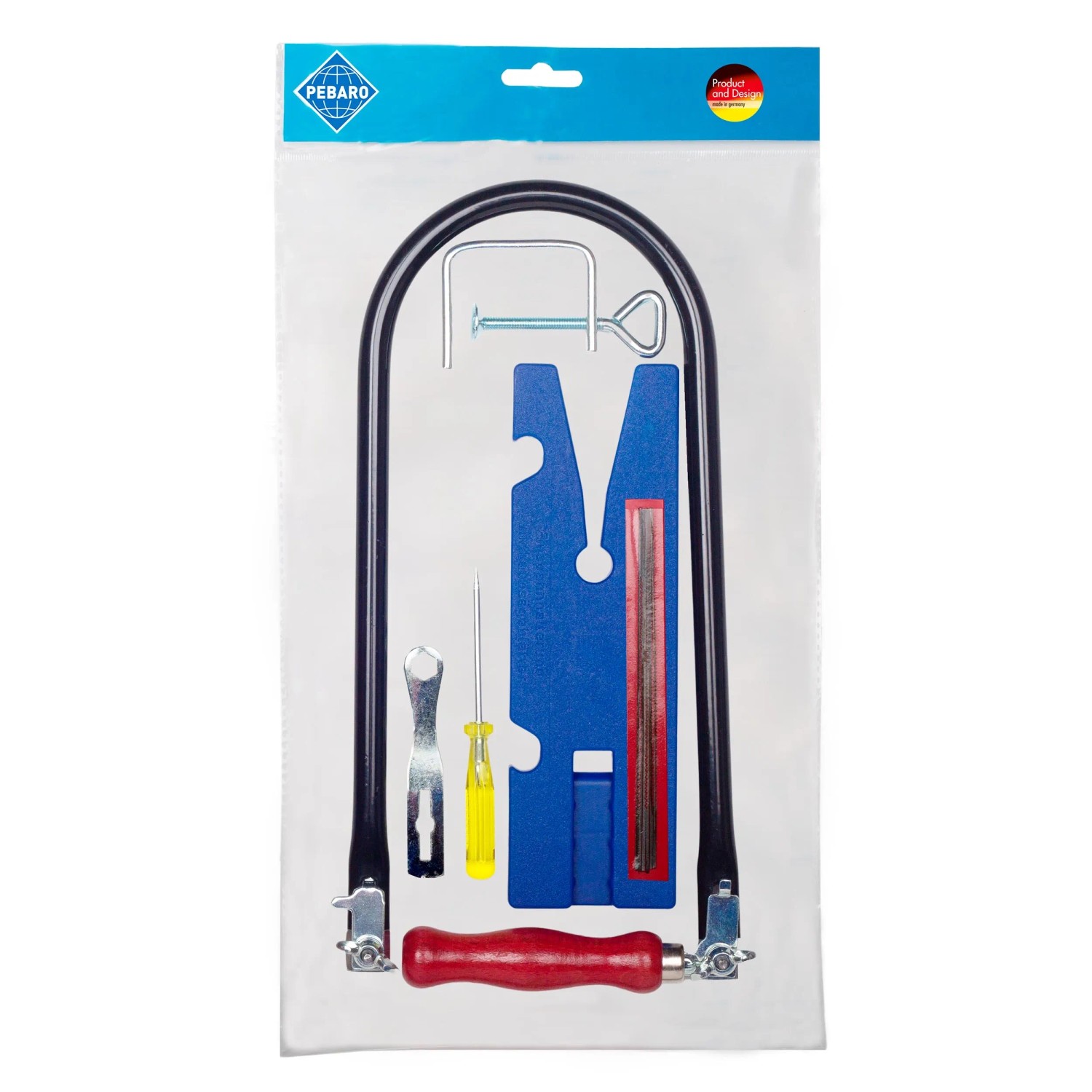 Pebaro Laubsäge-Set, 12-teilig in Tüte: Laubsäge, Brettchen, Zwinge, Sägeblätter, Schlüssel und Ahle.