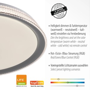 Smarte LED-Deckenleuchte Lolasmart-Kari Silber, Ø 51cm, dimmbar & mit Farbwechsel.