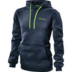 Dunkelblauer Festool Kapuzenpullover mit grünen Kordeln und Logo. Bequeme Arbeitskleidung mit Kängurutasche.