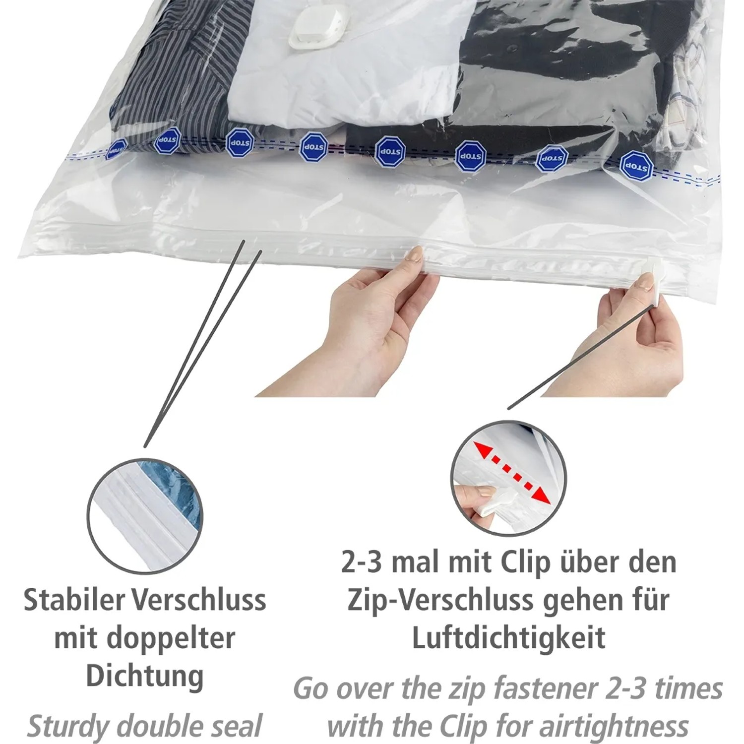 Wenko Vakuum Soft Box L, weiße Textilaufbewahrung mit Kleidung und luftdichtem Reißverschluss.