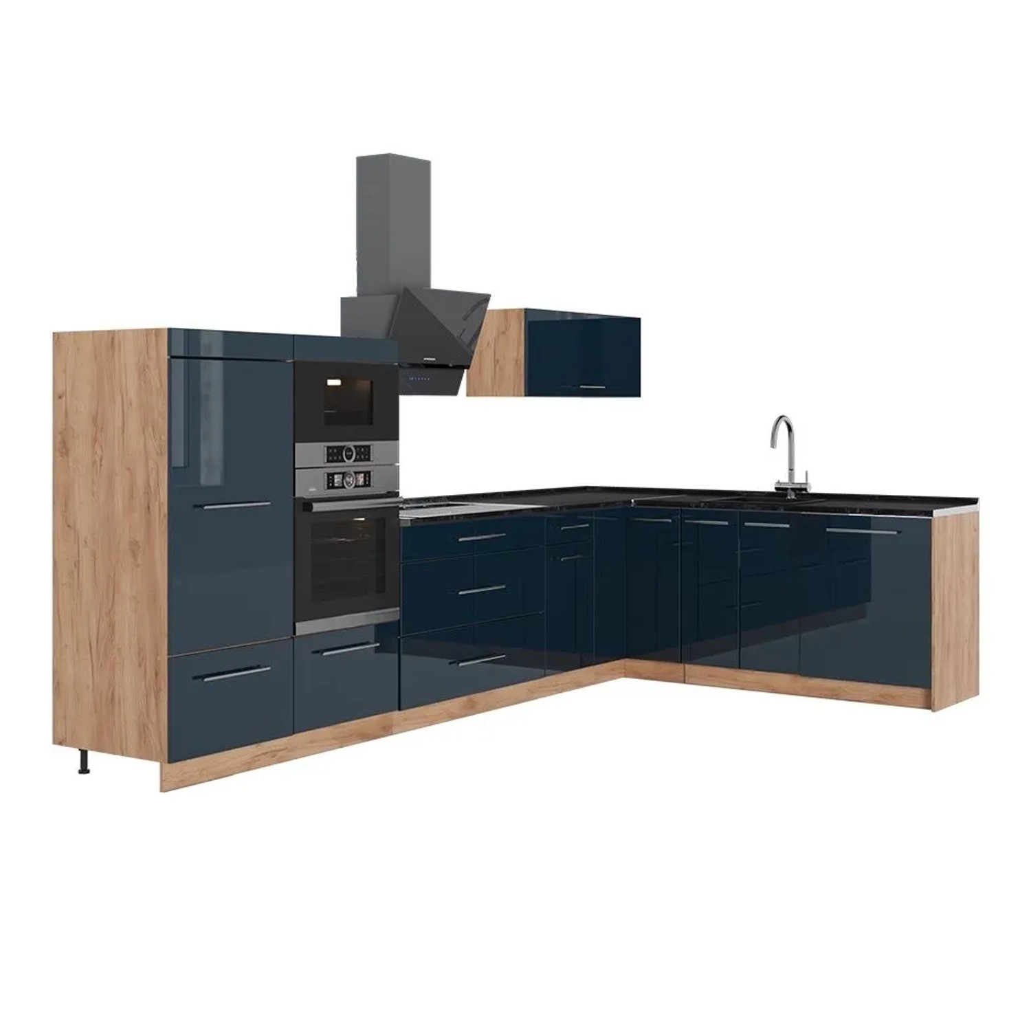 Vicco Eckküche Fame-Line Dunkelblau Hochglanz/Goldkraft Eiche 347 x 154 AP Anthrazit Art Nr 65715