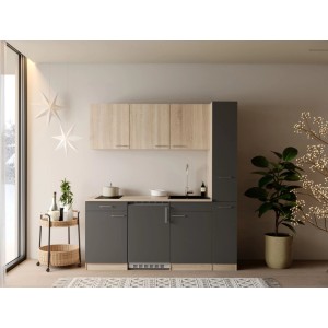 Respekta Ingrid Singleküche 180 cm in Grau/Eiche Nordic mit Kochfeld, Spüle, Kühlschrank und Apothekerschrank. Moderne Einbauküche.