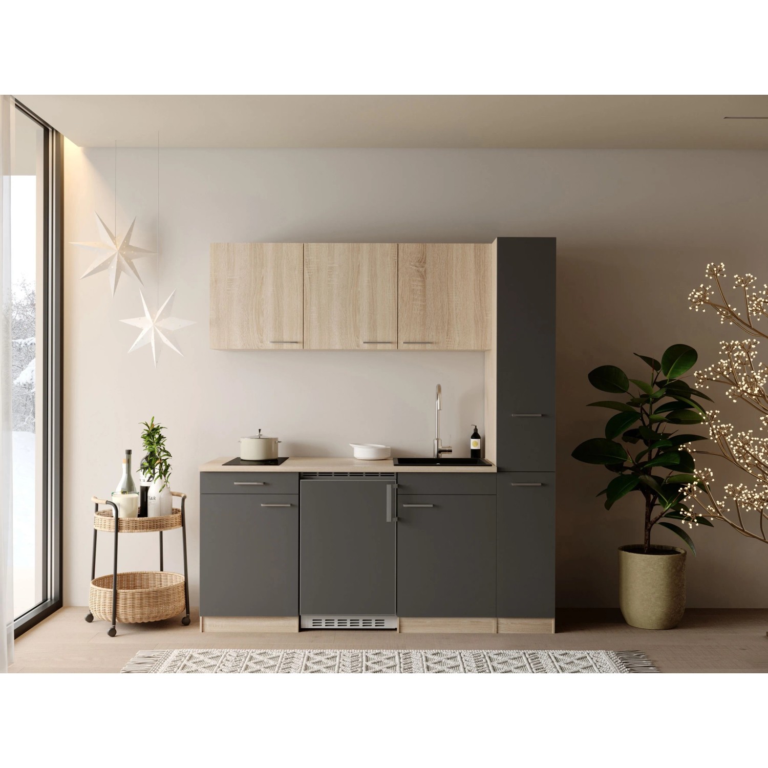 Respekta Ingrid Singleküche 180 cm Grau mit Apothekenschrank