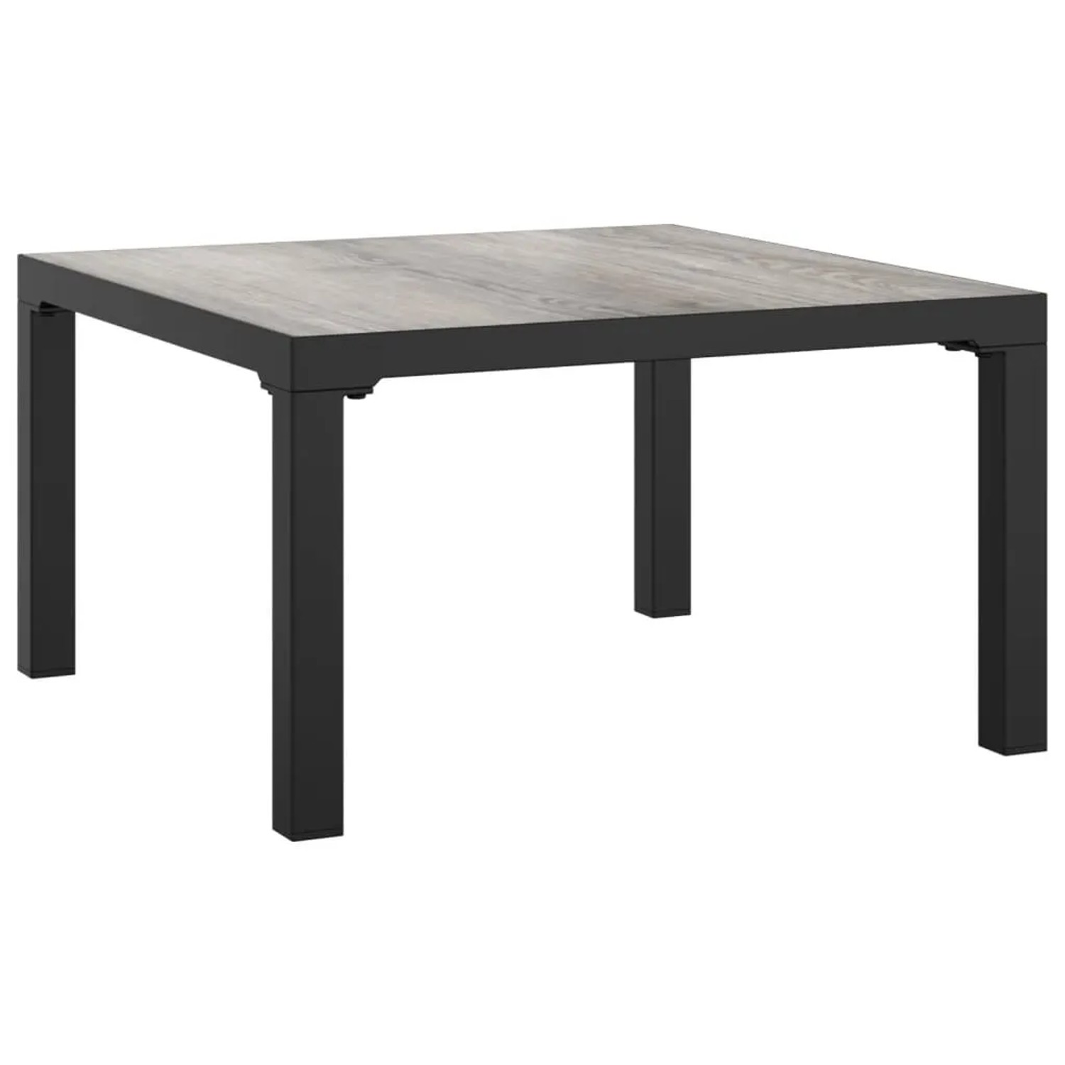 Quadratischer, grauer vidaXL Garten-Couchtisch mit schwarzem Metallgestell. Teil des Garten-Lounge-Sets.
