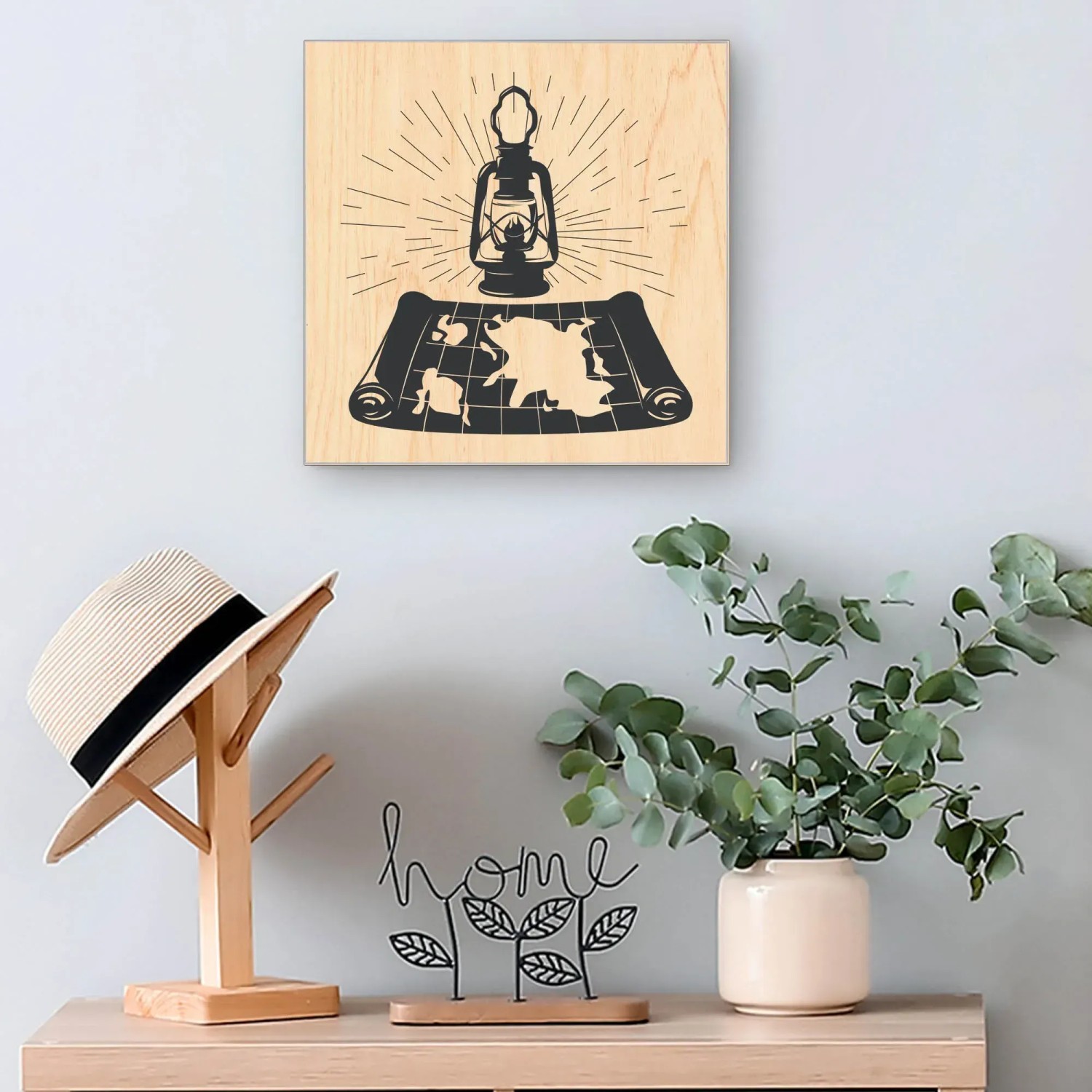 Banjado Schlüsselkasten mit Laterne und Weltkarte auf Holzfront, 30x30cm, 50 Haken.