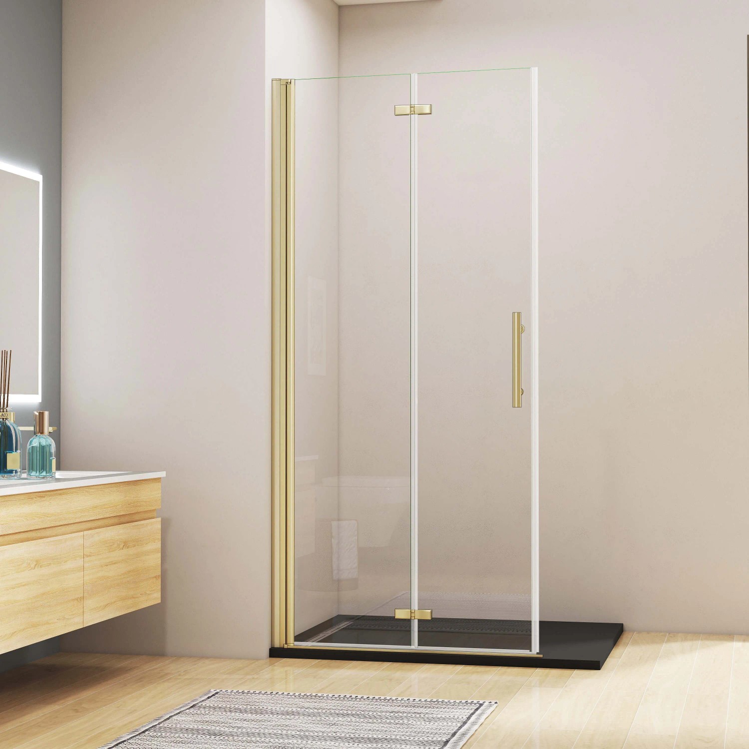 AICA Walk-In Duschwand, 120cm, gold gebürstet, mit Falttür aus 6mm Nano-ESG Glas.