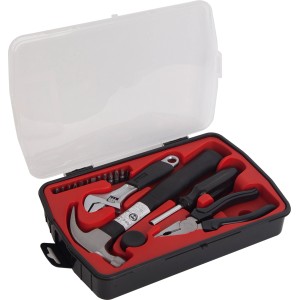 18-teiliges Werkzeugset im Koffer: Hammer, Zange, Schraubenschlüssel und Bits für Heimwerker.