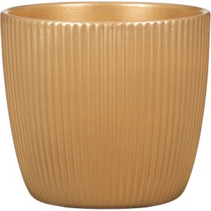 Runder goldener Keramik Übertopf 14 cm mit vertikalen Rillen. Ideal für Zimmerpflanzen und Dekoration.