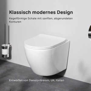 Weißes wandhängendes WC mit geschlossenem Sitz und modernem Design. Randlose Toilette aus Sanitärporzellan für Ihr Bad.