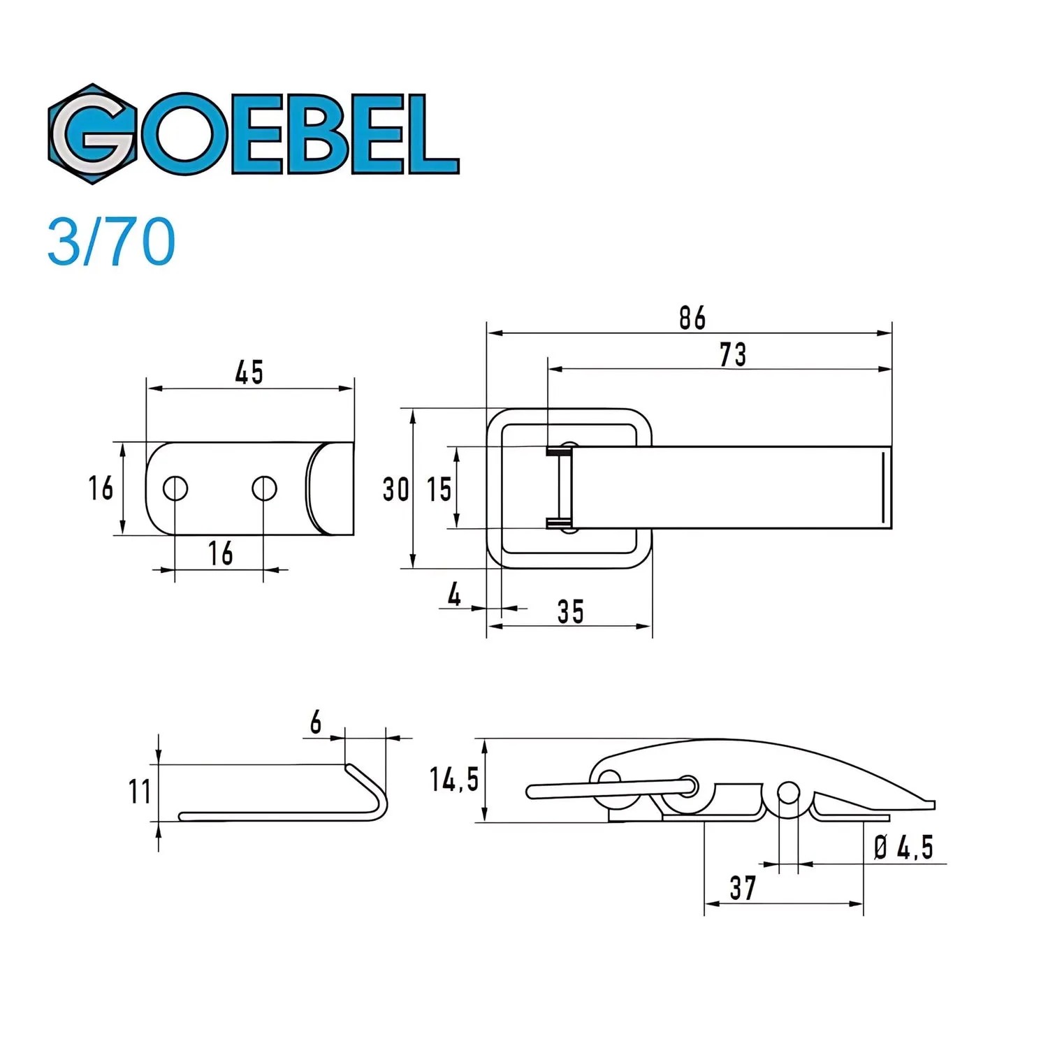 Technische Zeichnung: Goebel Spannverschluss 3/70 aus Aluminium mit Maßen für Montage und Funktion.